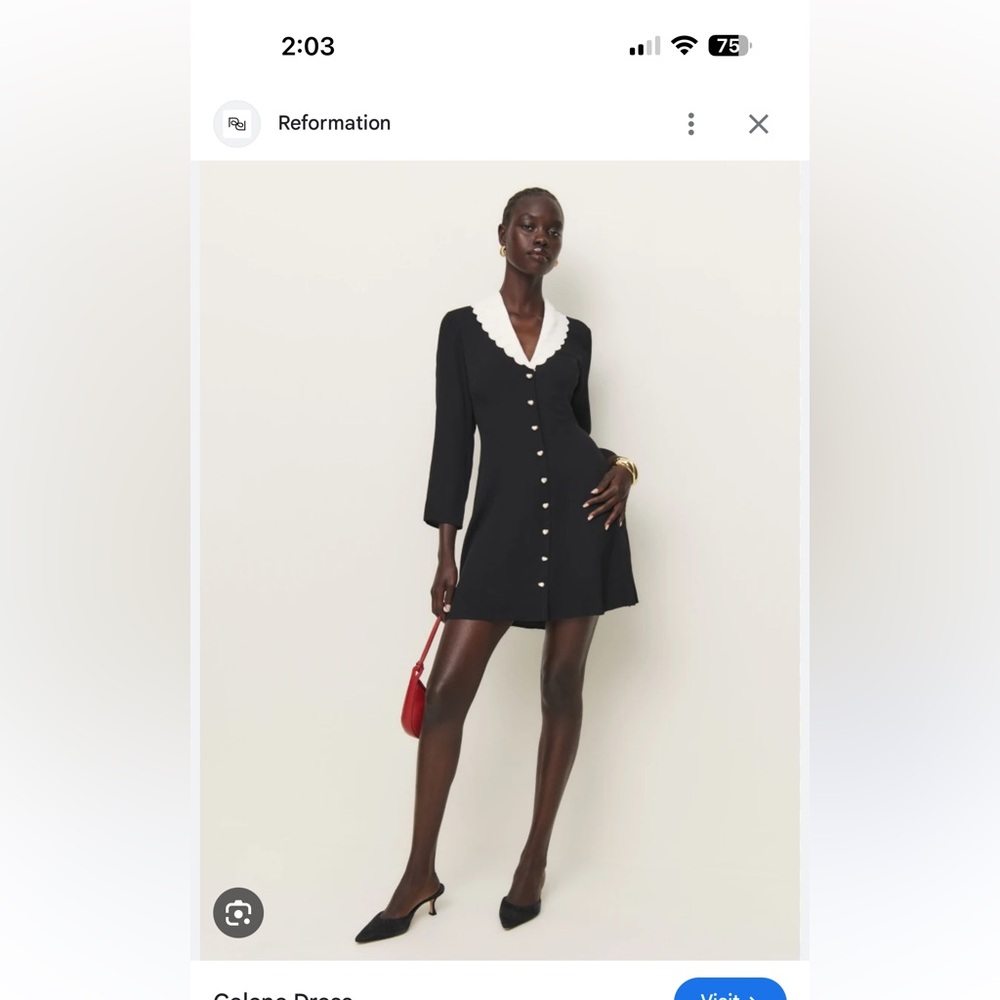 Reformation Galene Black Mini Dress with White Scalloped Collar